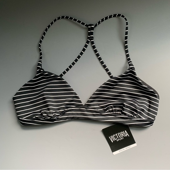 Victoria’s Secret Sport Black Striped Wicking Bralette Lightly Lined Wireless M - Picture 1 of 5
